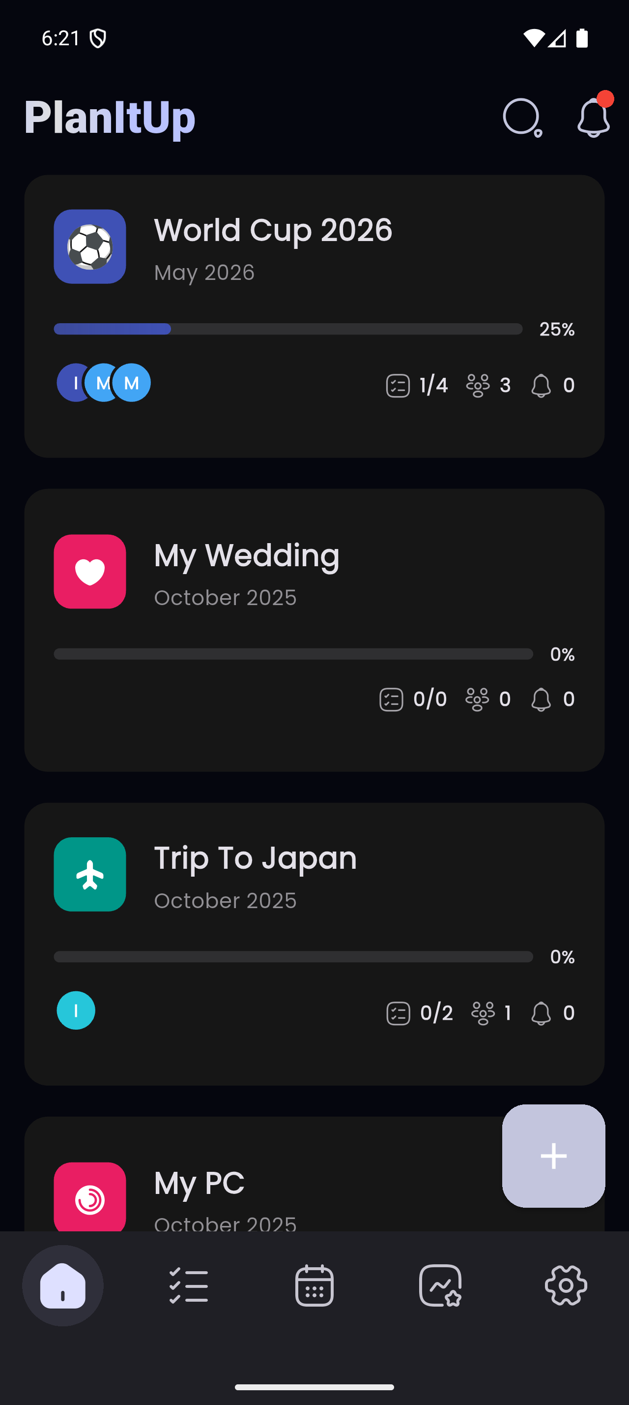 PlanItUp App Dashboard